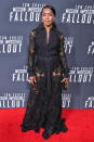 <p>Bassett picked out a black, lace look by Mario Dice for the premiere. <em>[Photo: Getty]</em> </p>