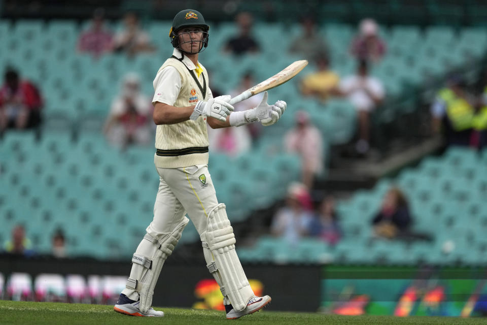 Australia's Marnus Labuschagne walks off after he was caught out by South Africa during the first day of their cricket test match at the Sydney Cricket Ground in Sydney, Wednesday, Jan. 4, 2023. (AP Photo/Rick Rycroft)