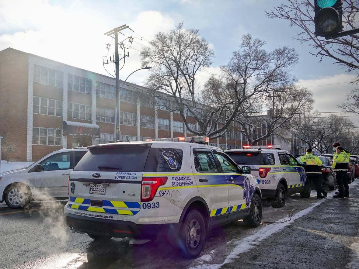 John F. Kennedy High School in Montreal's Saint-Michel neighbourhood went into lockdown on the morning of Dec. 9 after a teacher was stabbed by a student.  (Simon-Marc Charron/Radio-Canada - image credit)