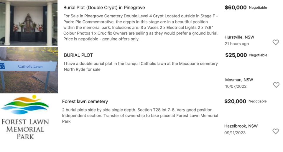 An extract from trading site Gumtree showing burial plots for sale at Pinegrove, Macquarie Cemetery and Forest Lawn Cemetery. 