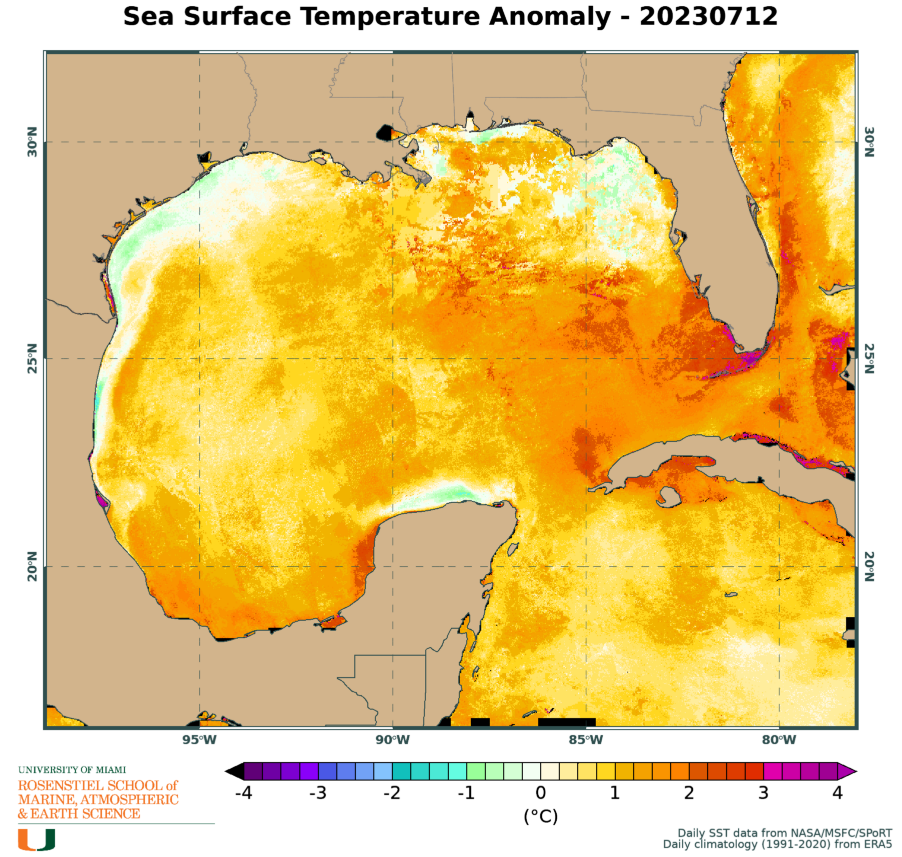 Above normal sea surface temperatures surround the southern half of Florida, ranging from one to nearly four degrees above normal for this time of year. Experts say that's contributing to oppressive temperatures that are combining with moisture to make it feel even hotter.