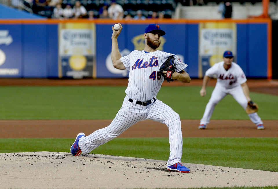 Aug 6, 2019; New York City, NY, USA; New York Mets starting pitcher Zack Wheeler (45) pitches against the Miami Marlins during the first inning at Citi Field. Mandatory Credit: Andy Marlin-USA TODAY Sports