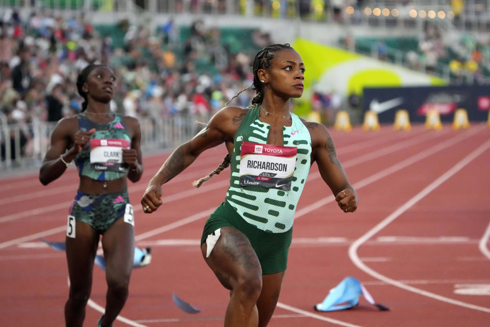 Sha'Carri Richardson finishes first in the women's 100 meters during the USA Track and Field Championships at Hayward Field in Eugene, Oregon on July 7, 2023.