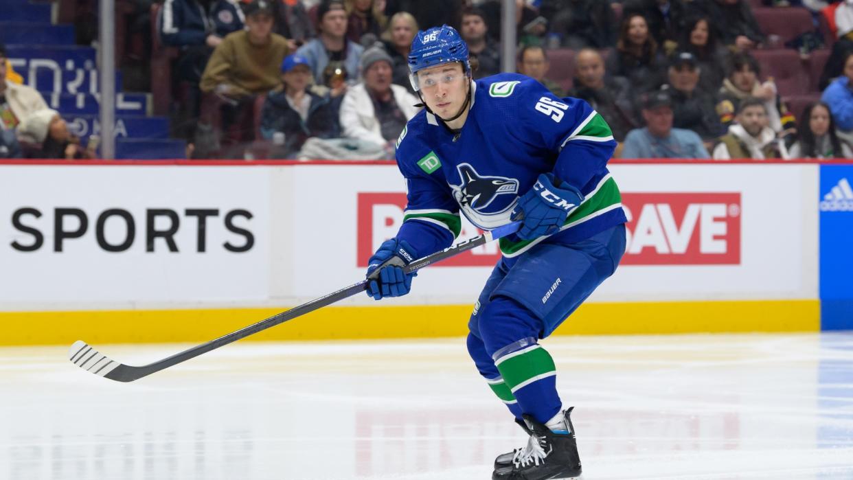 Andrei Kuzmenko headlines this week's fantasy hockey waiver wire pickups. (Getty Images)