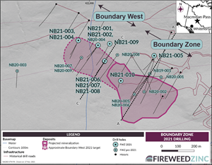 Map 2: Boundary Zone 2021 drilling and location of cross sections A-A’ and C-C’. See Fireweed News Release dated 18th November 2021 for Cross Section A-A’.