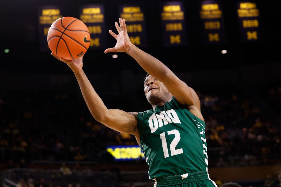 Nov 20, 2022; Ann Arbor, Michigan, USA; Ohio Bobcats guard Jaylin Hunter (12) grabs the rebound in the first half against the Michigan Wolverines at Crisler Center.