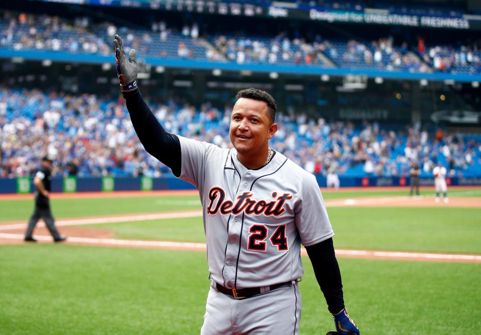 Detroit Tigers hitter Miguel Cabrera celebrates with fans on a curtain call after hitting his 500th career home run in the sixth inning against the Toronto Blue Jays at Rogers Centre on Aug. 22, 2021 in Toronto.