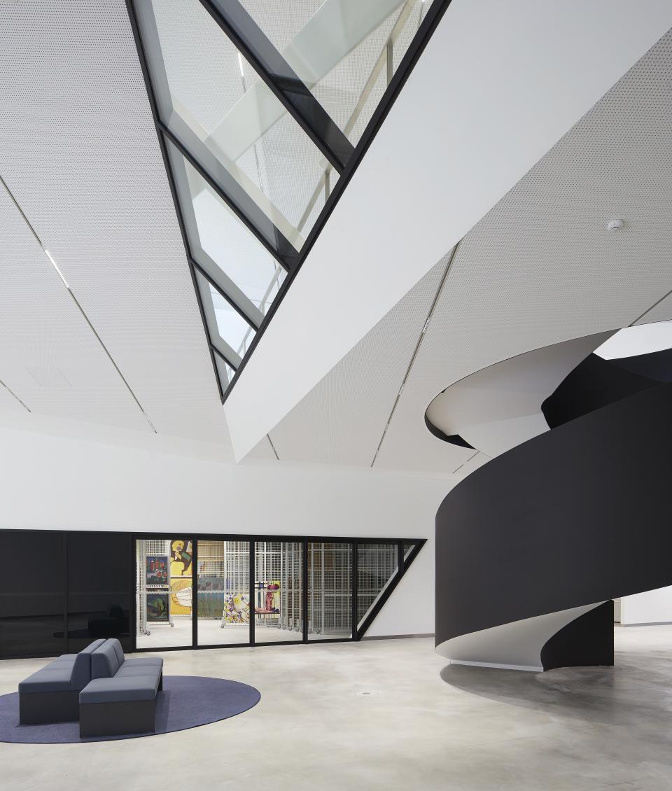 The museum features a grand-scale spiral staircase, a first for Libeskind.