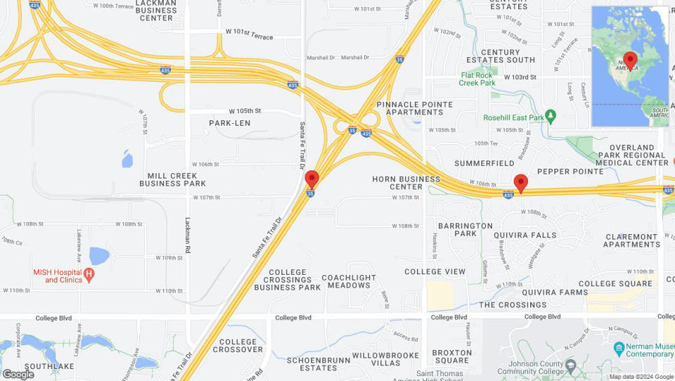A detailed map that shows the affected road due to 'Drivers cautioned as heavy rain triggers traffic concerns on eastbound US-50 East in Lenexa' on July 1st at 12:24 p.m.