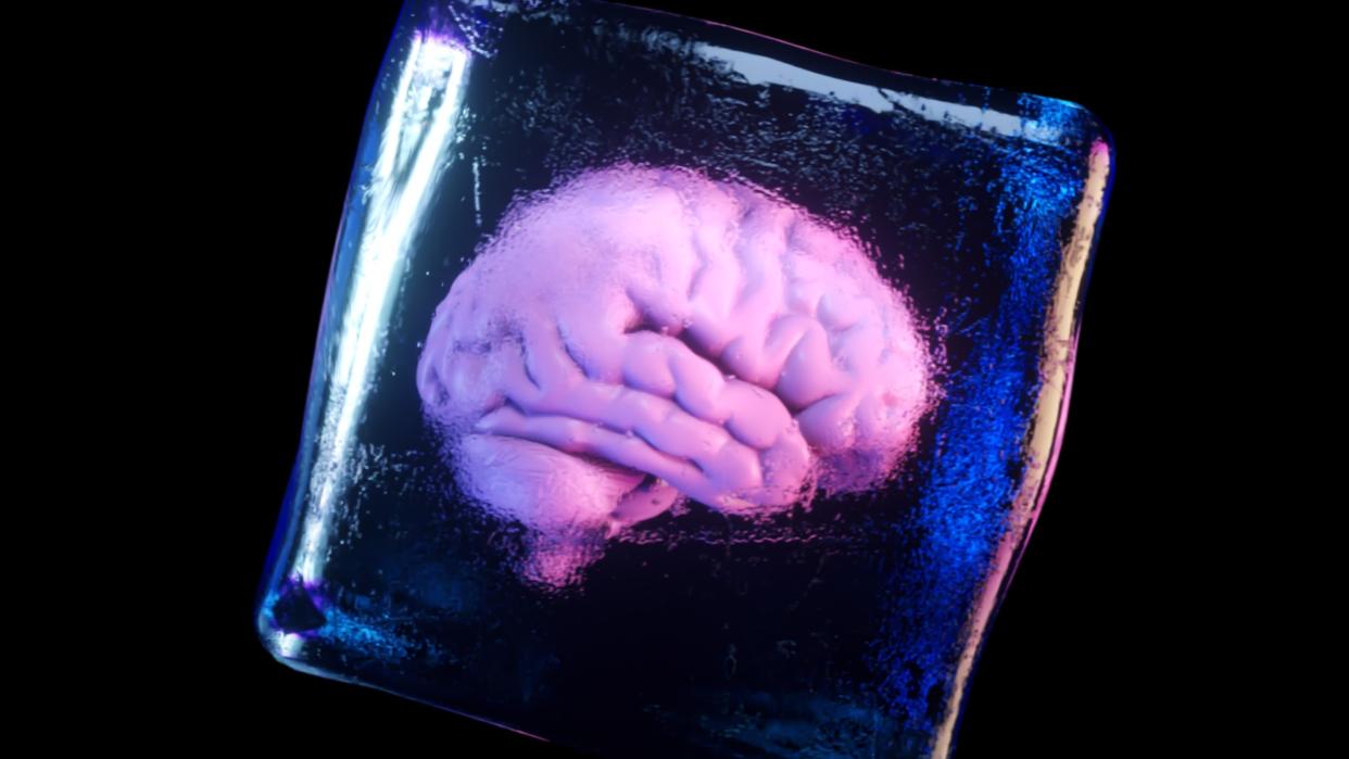  Illustraion of a brain inside an icecube on a dark background. 