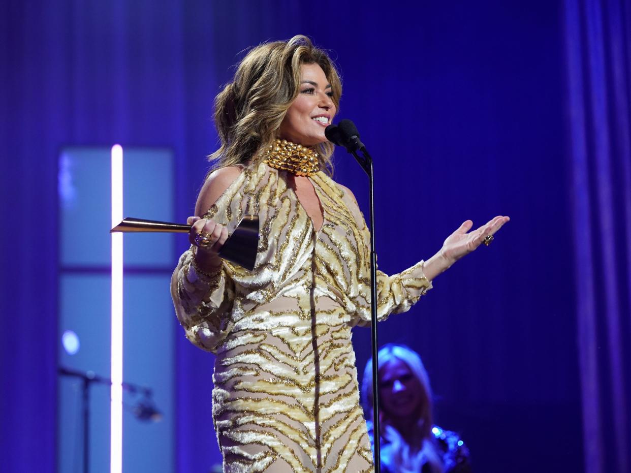 Poet's Award Honoree Shania Twain speaks onstage during the 15th Annual Academy Of Country Music Honors at Ryman Auditorium on August 24, 2022 in Nashville, Tennessee.