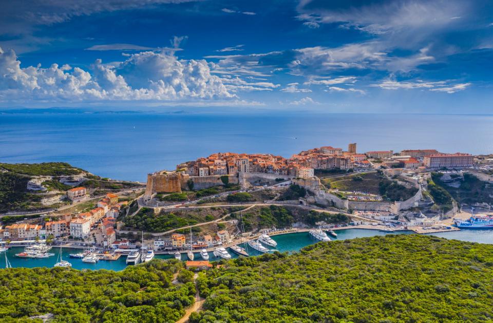 Bonifacio located on the steep cliffs above the Mediterranean sea in Corsica.