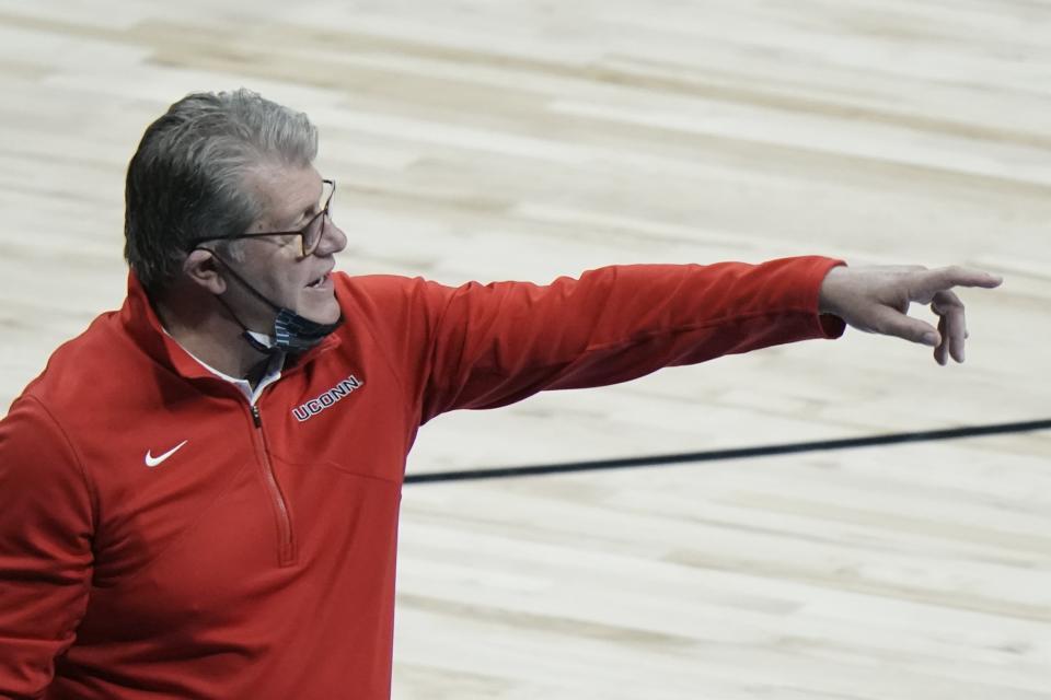 UConn head coach Geno Auriemma rteacts during the second half of an NCAA college basketball game against Baylor in the Elite Eight round of the Women's NCAA tournament Monday, March 29, 2021, at the Alamodome in San Antonio. (AP Photo/Morry Gash)