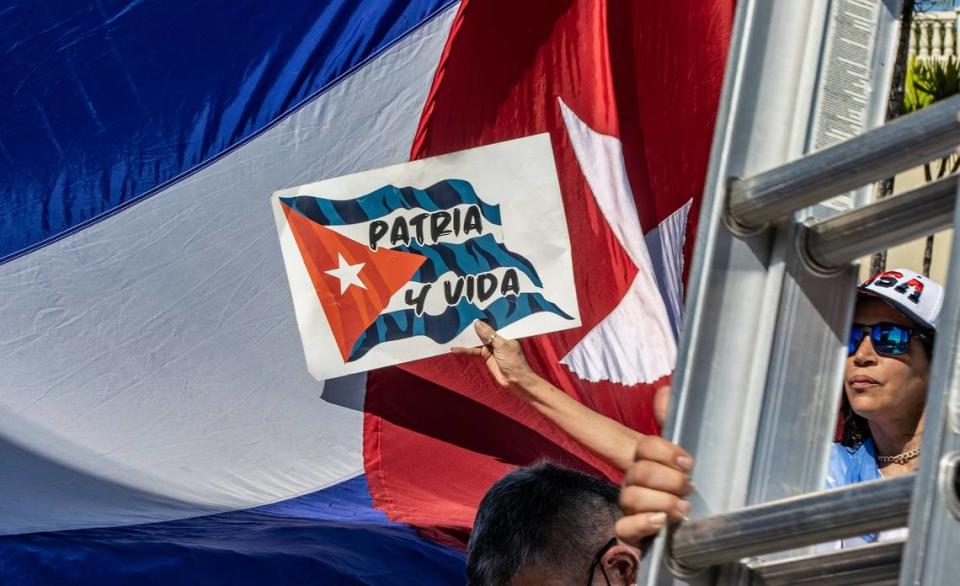 Maribel Gonzalez joined a group of Cuban exiles protested at Versailles Restaurant in Little Havana to commemorate the first anniversary of the July 11 mass protests in Cuba, on Monday July 11, 2022.