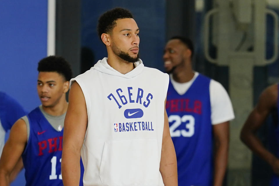 FILE - Philadelphia 76ers' Ben Simmons takes part in a practice at the NBA basketball team's facility, Monday, Oct. 18, 2021, in Camden, N.J. The Philadelphia 76ers have traded Ben Simmons to the Brooklyn Nets for James Harden as part of a multiplayer deal. The trade was confirmed by multiple people who spoke to The Associated Press Thursday, Feb. 10, 2022, on condition of anonymity because the trade had not been announced. (AP Photo/Matt Rourke, File)