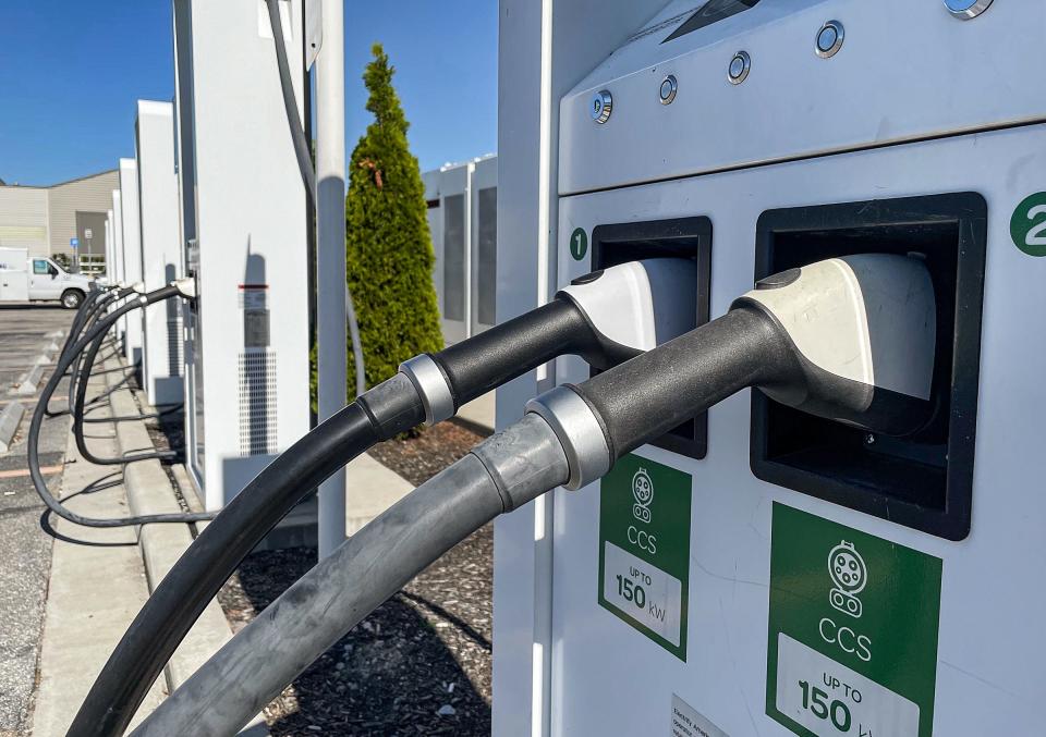 Public electric vehicle charging ports Thursday, June 23, 2022, on the south side of Indianapolis. 