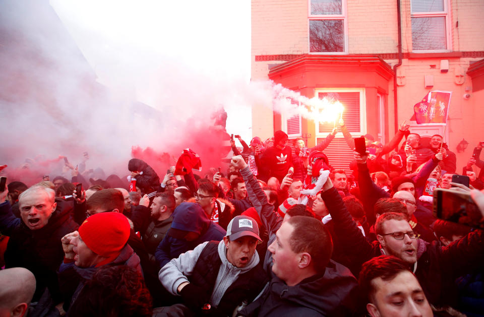 <p>Soccer Football – Champions League Quarter Final First Leg – Liverpool vs Manchester City – Anfield, Liverpool, Britain – April 4, 2018 Liverpool fans set off flares outside the stadium before the match Action Images via Reuters/Carl Recine </p>