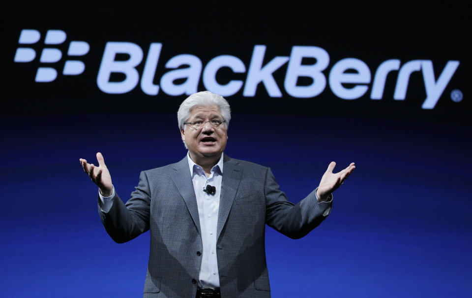 FILE - In this Oct. 18, 2011 file photo, Mike Lazaridis, co-CEO of Research in Motion gestures at the end of his keynote address to the BlackBerry DevCon Americas conference in San Francisco. Research In Motion Ltd. reports quarterly financial results Thursday, Dec. 15, 2011, after the market close (AP Photo/Eric Risberg, File)