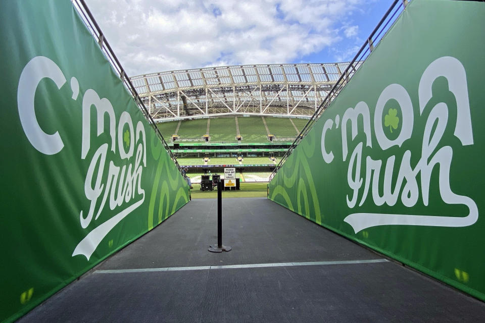 A general view from the players’ tunnel onto Aviva Stadium in Dublin, Thursday, Aug, 24, 2023. Notre Dame and Navy will square off at Aviva on Saturday. They’ve played in Ireland’s capital twice before, with Notre Dame winning both times. (AP Photo/Ken Maguire)