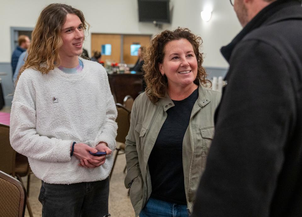 Eli Aldrich (left), and friend Shelly Fitzgerald on Wednesday, Feb. 1, 2023, at an Indianapolis meeting for Catholic Allies, a new non-profit group of Catholics who seek to educate others about LGBTQ issues.