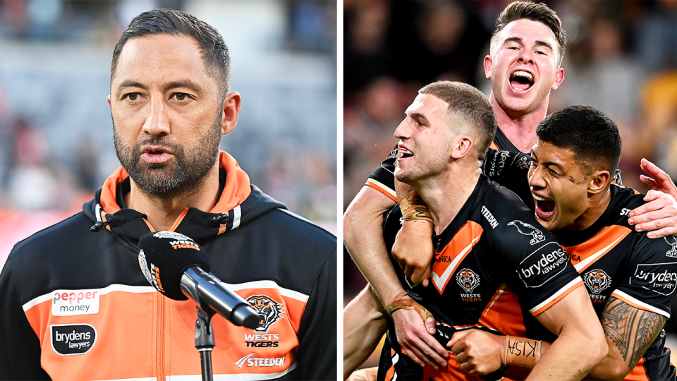 Benji Marshall speaks and Adam Doueihi celebrates.