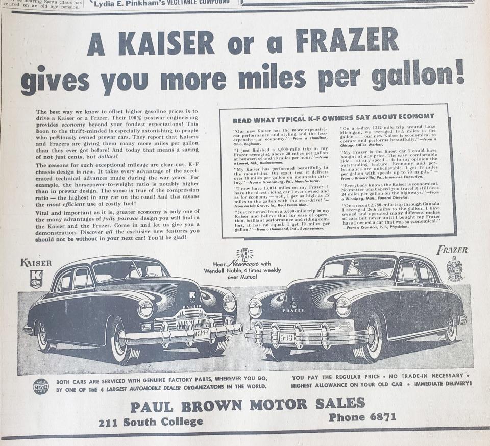 Paul Brown Motor Sales was located at 211 S. College Ave. in 1948, when local telephone numbers were just four digits.