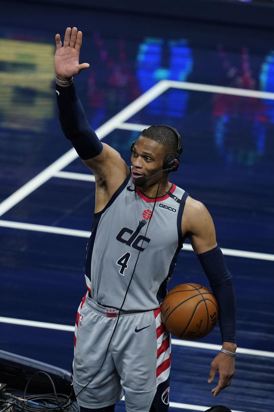 Washington Wizards' Russell Westbrook reacts as he is interviewed following an NBA basketball game against the Indiana Pacers, Saturday, May 8, 2021, in Indianapolis. Washington won 133-132 in overtime. (AP Photo/Darron Cummings)