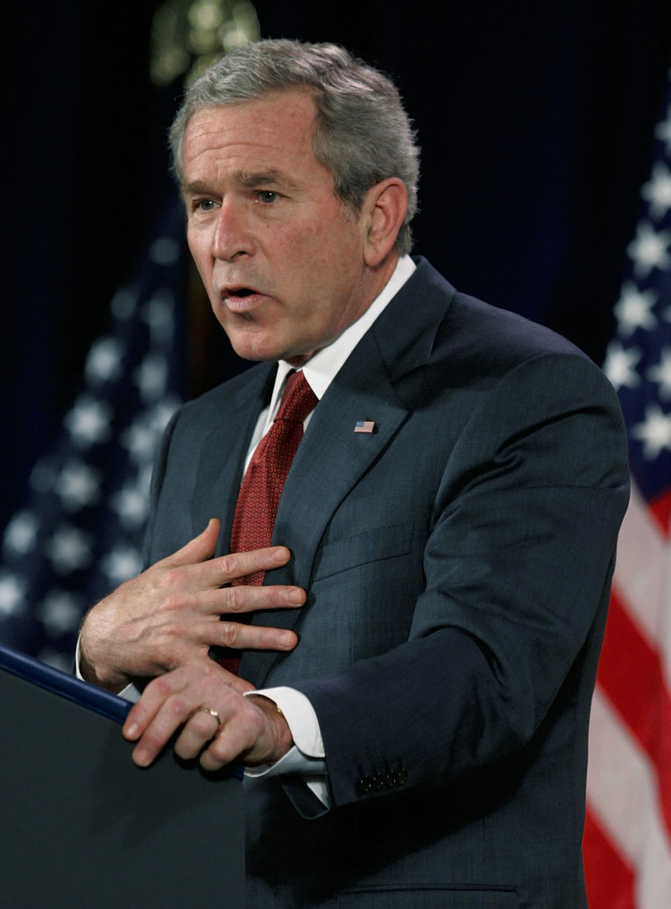 U.S. President George W. Bush speaks at the non-partisan Woodrow Wilson International Center December 14, 2005 in Washington, DC. Bush defended his decision to go to war Iraq with incorrect intelligence during the speech. (Photo by Mark Wilson/Getty Images)