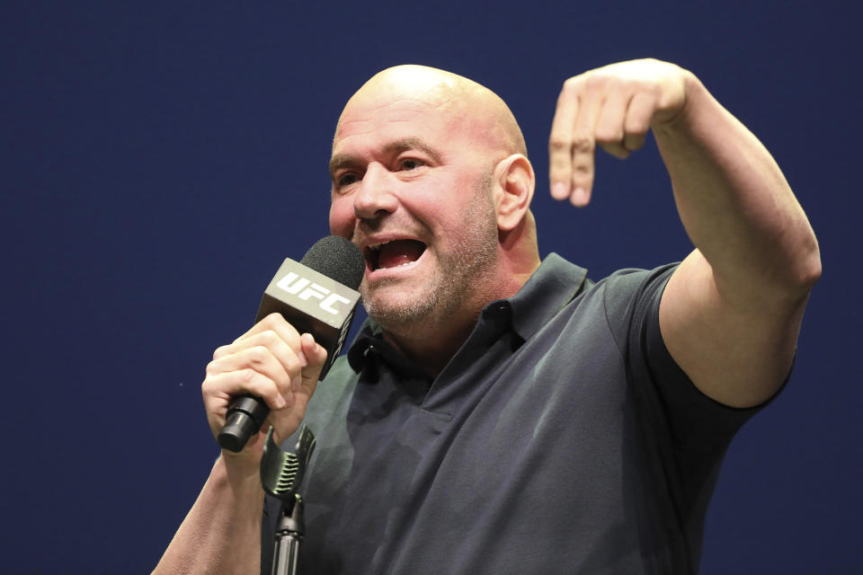 Dana White speaks at a news conference for the UFC 244 mixed martial arts event, Thursday, Sept. 19, 2019, in New York. Jorge Masvidal is scheduled to fight Nate Diaz Saturday, November 2 at Madison Square Garden. (AP Photo/Gregory Payan)