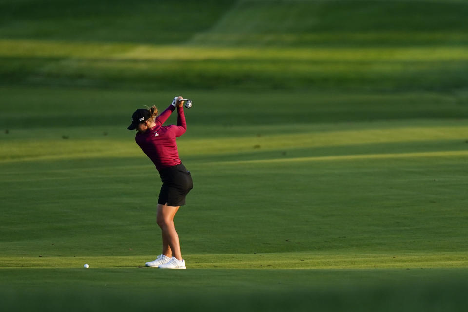 Linnea Strom, of Sweden, hits from the fairway on the 16th hole during the second round of the KPMG Women's PGA Championship golf tournament at the Aronimink Golf Club, Friday, Oct. 9, 2020, in Newtown Square, Pa. (AP Photo/Matt Slocum)