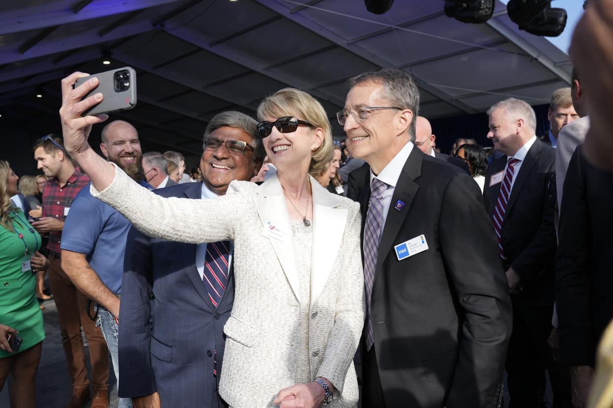 Sep 9, 2022; New Albany, Ohio, USA;  Director of the National Science Foundation Sethuraman Panchanathan, Ohio State President Kristina Johnson and Intel CEO Pat Gelsinger take a selfie at a groundbreaking ceremony for Intel's $20 billion microchip manufacturing project. Intel has promised two factories in Licking County that will employ 3,000 workers. Mandatory Credit: Adam Cairns/Columbus Dispatch