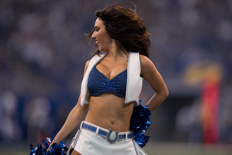 <p>Indianapolis Colts cheerleaders perform during the NFL game between the Jacksonville Jaguars and Indianapolis Colts on October 22, 2017, at Lucas Oil Stadium in Indianapolis, IN. (Photo by Zach Bolinger/Icon Sportswire via Getty Images) </p>