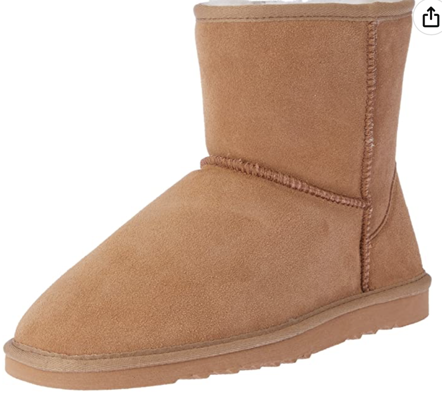 A left dark tan ugg boot, pictured from the side in three-quarter profile against a white background.