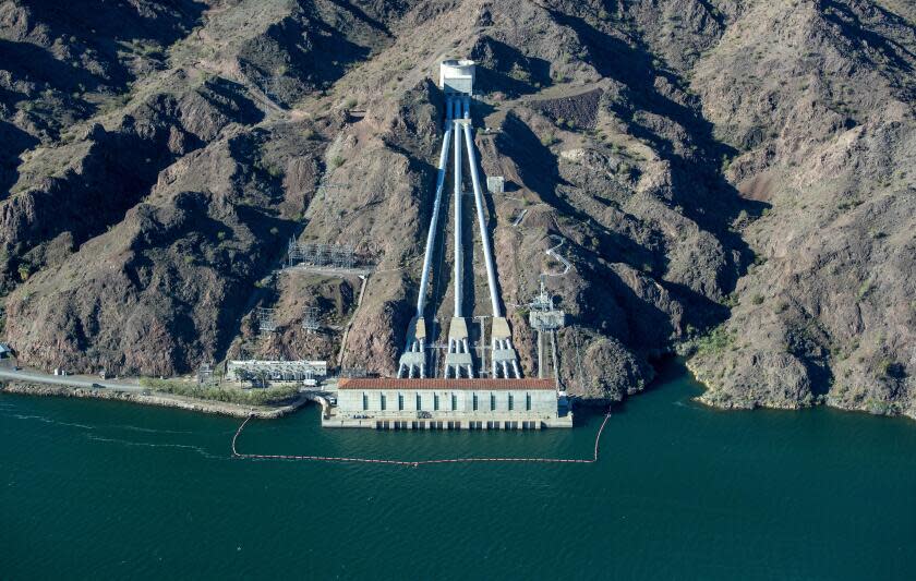 LAKE HAVASU, CA - APRIL 04: W.P. Whitsett Intake Pumping Plant is the starting point of the Colorado River Aqueduct supply and lifts water out of Lake Havasu 291 feet, from an elevation of 450 feet above sea level to 741 feet Tuesday, April 4, 2023 in Lake Havasu, CA. (Brian van der Brug / Los Angeles Times)