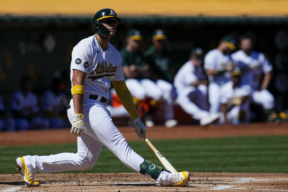 Oakland Athletics' Ryan Noda reacts after striking out against the Detroit Tigers during the second inning of a baseball game Sunday, Sept. 24, 2023, in Oakland, Calif. (AP Photo/Godofredo A. Vásquez)