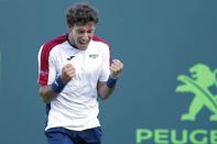 Mar 29, 2018; Key Biscayne, FL, USA; Pablo Carreno Busta of Spain celebrates after match point against Kevin Anderson of South Africa (not pictured) on day ten of the Miami Open at Tennis Center at Crandon Park. Mandatory Credit: Geoff Burke-USA TODAY Sports