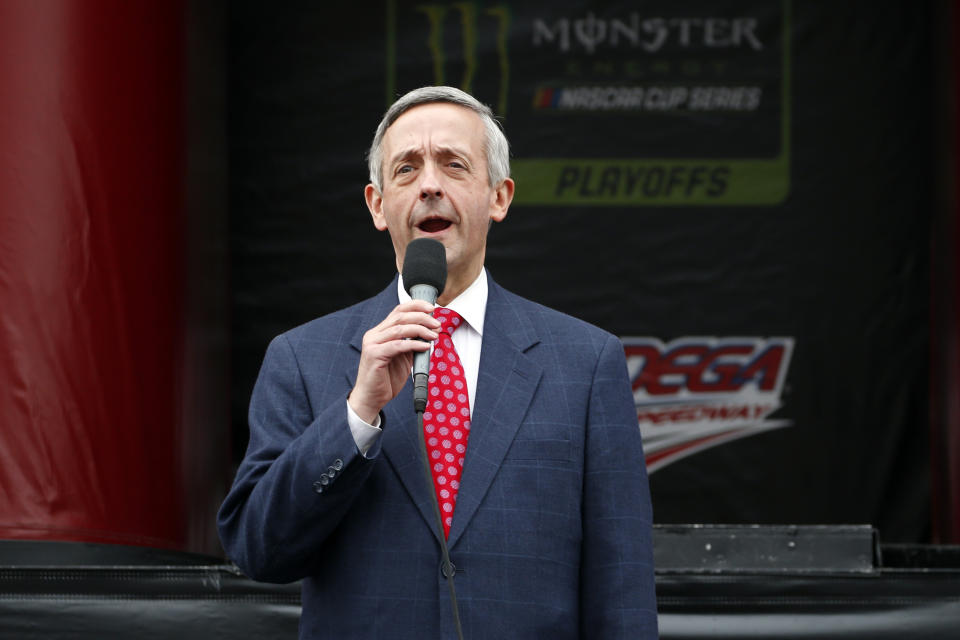 Pastor of First Baptist Church Dallas Dr. Robert Jeffress gives the invocation before a NASCAR Cup Series auto race at Talladega Superspeedway, Sunday, Oct. 13, 2019, in Talladega, Ala. (AP Photo/Butch Dill)