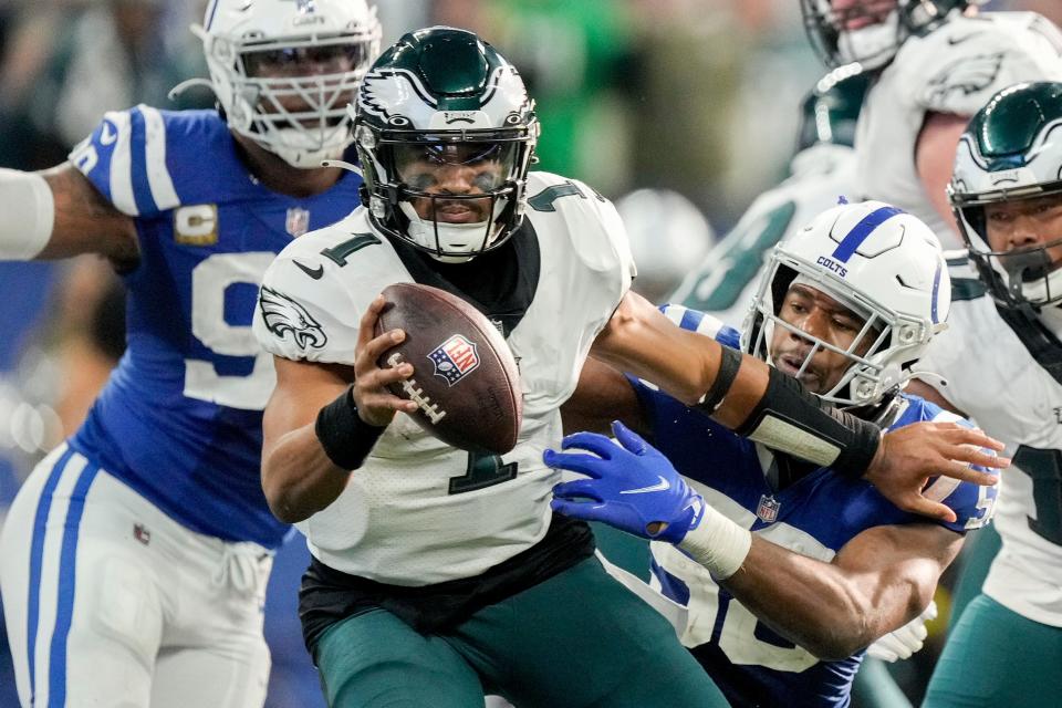 Eagles quarterback Jalen Hurts has accounted for 15 passing and eight rushing touchdowns through 10 games.