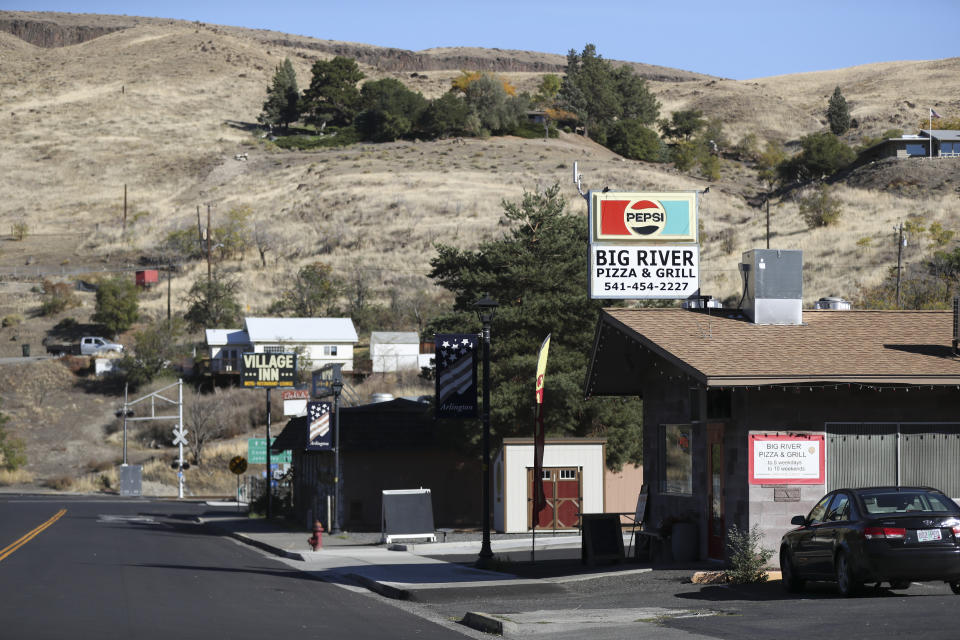 A view of Arlington, Ore. along Beech Street, Wednesday, Oct. 18, 2023. Arlington is home to Najiah Knight, a high school junior who is on a yearslong quest to become the first woman to compete at the top level of the Professional Bull Riders tour. (AP Photo/Amanda Loman)