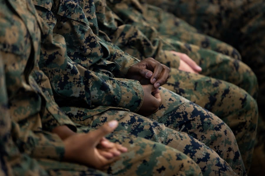 Marine Corps Junior Reserve Officer Training Corps (JROTC) students from John C. Fremont High School in South Central los Angeles listen to a panel of retired, Black, high-ranking military veterans participated in a panel discussing their military service, their career challenges and work relating to the renaming commission, which seeks to assess the plausibility of renaming confederate monuments, before exploring the Kinsey African American Art & History Collection exhibit, at SoFi Stadium in Inglewood, CA, Wednesday, Nov. 8, 2023. (Jay L. Clendenin / Los Angeles Times via Getty Images)