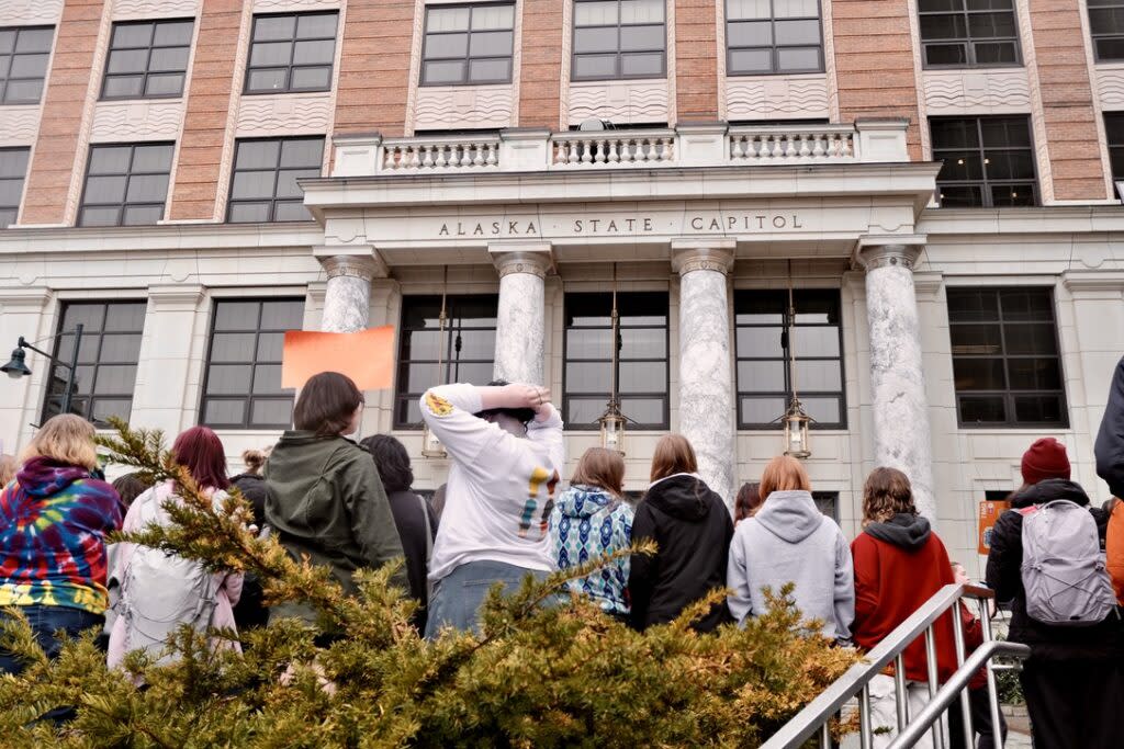 High school students chant "Raise the BSA" outside the Capitol during a protest for increased public school funding on April 4, 2024. (Photo by Claire Stremple/Alaska Beacon)