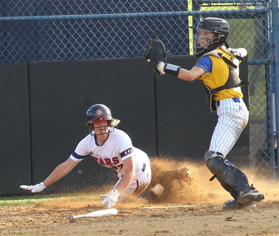 BNL sophomore Aliza Jewell slides in safely to home Tuesday night at the Castle Regional. Jewell drove in three runs in a 8-1 victory.