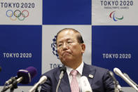 Tokyo 2020 Organizing Committee CEO Toshiro Muto attends a news conference after a Tokyo 2020 Executive Board Meeting in Tokyo Monday, March 30, 2020. Tokyo Olympic President Yoshiro Mori said Monday he expects to talk with IOC President Thomas Bach this week about potential dates and other details for the rescheduled games next year. Both Mori and Muto said the the cost of rescheduling will be “massive” - local reports suggest several billion dollars - with most of the expenses borne by Japanese taxpayers. (Issei Kato/Pool Photo via AP)