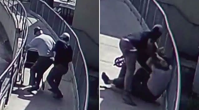 As the thief grabs Mr Browne's wallet, the pensioner falls to the ground. Source: 7 News