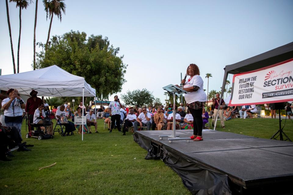 Pearl Devers, who started the group Palm Springs Section 14 Survivors, speaks during a unity rally and prayer vigil at Frances Stevens Park in Palm Springs, Calif., on Saturday, Sept. 17, 2022. 