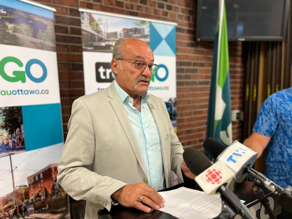 Coun. Jocelyn Blondin, who represents the district of Manoir-des-Trembles-Val-Tétreau in Gatineau, Que., speaks at a press conference on Sept. 6, 2023.