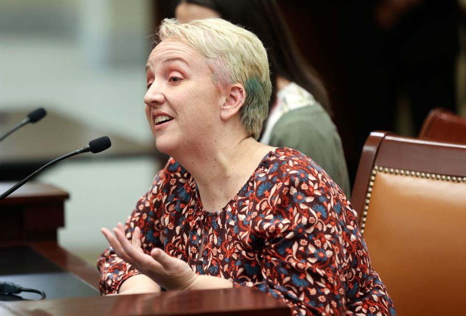 Lauralee Solimeno speaks during a Utah Legislature’s Education Interim Committee meeting at the House Building in Salt Lake City on Wednesday, June 14, 2023. Solimeno said she’s concerned about removing literary classics from school libraries. | Kristin Murphy, Deseret News