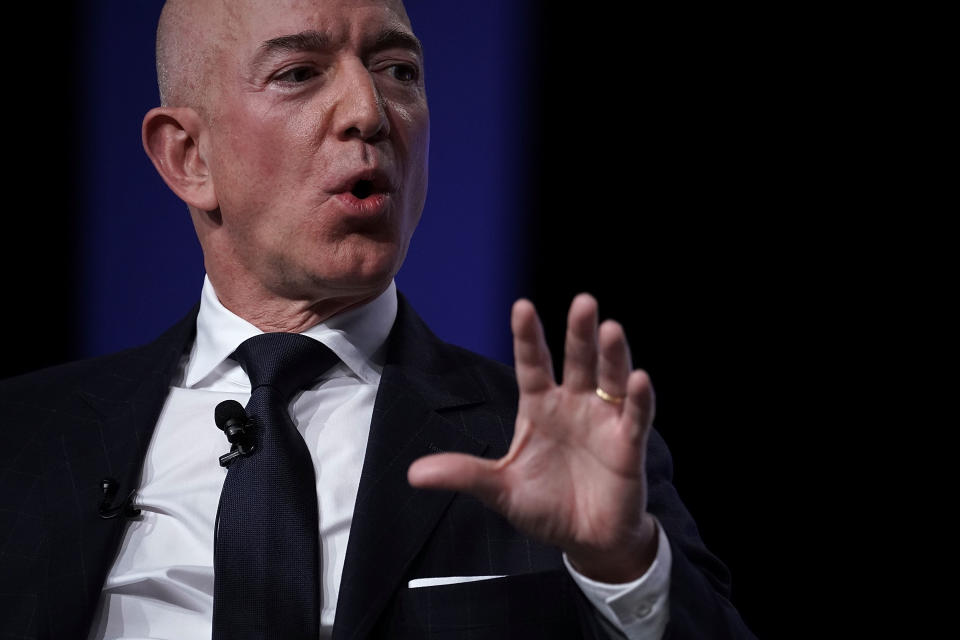 NATIONAL HARBOR, MD - SEPTEMBER 19:  Amazon CEO Jeff Bezos, founder of space venture Blue Origin and owner of The Washington Post, participates in an event hosted by the Air Force Association September 19, 2018 in National Harbor, Maryland. Bezos talked about innovating in large organizations as well as staying on the cutting edge in the space industry.  (Photo by Alex Wong/Getty Images)