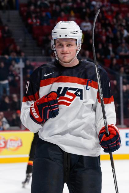 MONTREAL, QC - DECEMBER 28: Jack Eichel #9 of Team United States celebrates his goal during the 2015 IIHF World Junior Hockey Championship game against Team Germany at the Bell Centre on December 28, 2014 in Montreal, Quebec, Canada. Team United States defeated Team Germany 6-0. (Photo by Minas Panagiotakis/Getty Images)