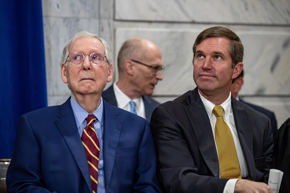 Kentucky Senator Mitch McConnell and Kentucky Governor Andy Beshear sat together in the Capitol rotunda before a swearing-in ceremony on the first day of the 2024 Kentucky General Assembly in Frankfort, Ky. Jan. 2, 2024